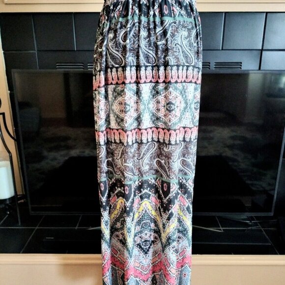 One World Medallion Paisley Maxi Skirt L Black Multi Pull On Boho EUC - Picture 8 of 9